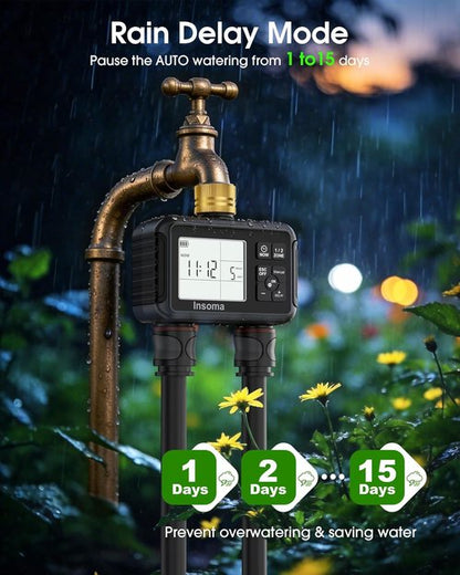 Insoma Water Timer - 2-Zone Brass Inlet & Outlet Hose Timer for Garden | Auto/Manual/Rain Delay Modes