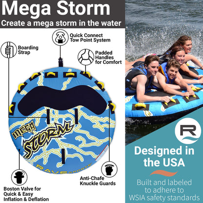 Rave Sports Mega Storm Boat Towable Tube - Inflatable Boating Tube for 1-4 Riders - Heavy-Duty Inflatable Tube for Boats to Pull - Water Sports Towable with Quick Connector Tow Point