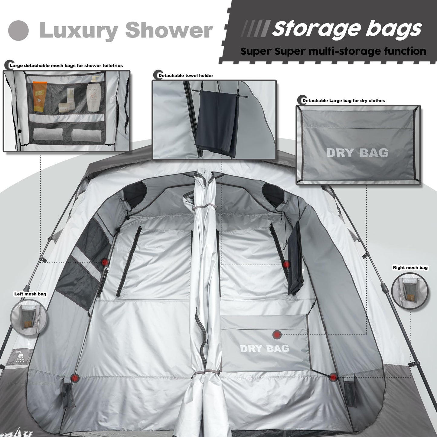 Porayhut Portable Camping Shower Tent Deluxe Changing Room Easy Set Up Privacy Shelter,Large Toilet Tent 2 Rooms with Floor Drain Design for Beach, Camping,Hiking with Stakes and Ropes for Stability