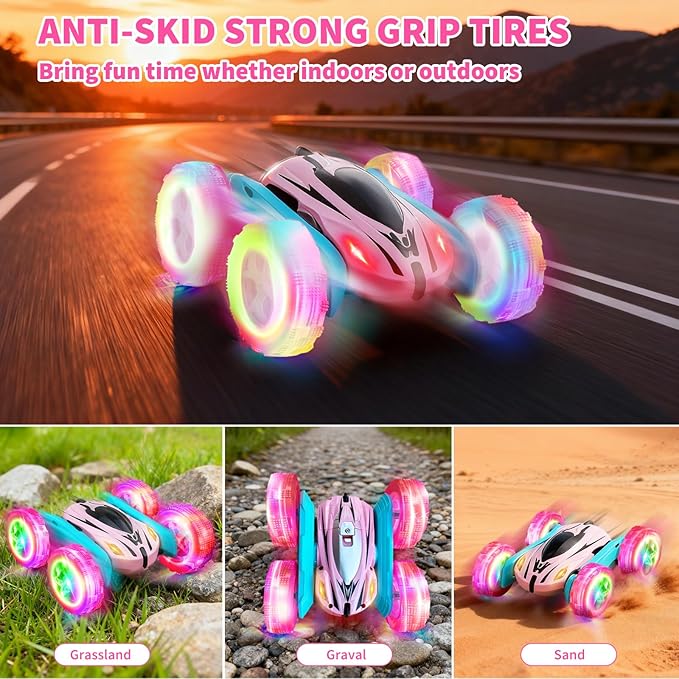 lumiparty 4Pack Remote Control Car Toys for Kids 2.4GHz RC Stunt Cars with Wheel Lights Drift High Speed 4WD Off Road Double Sided 360° Rotating Cars for Boys Girls.
