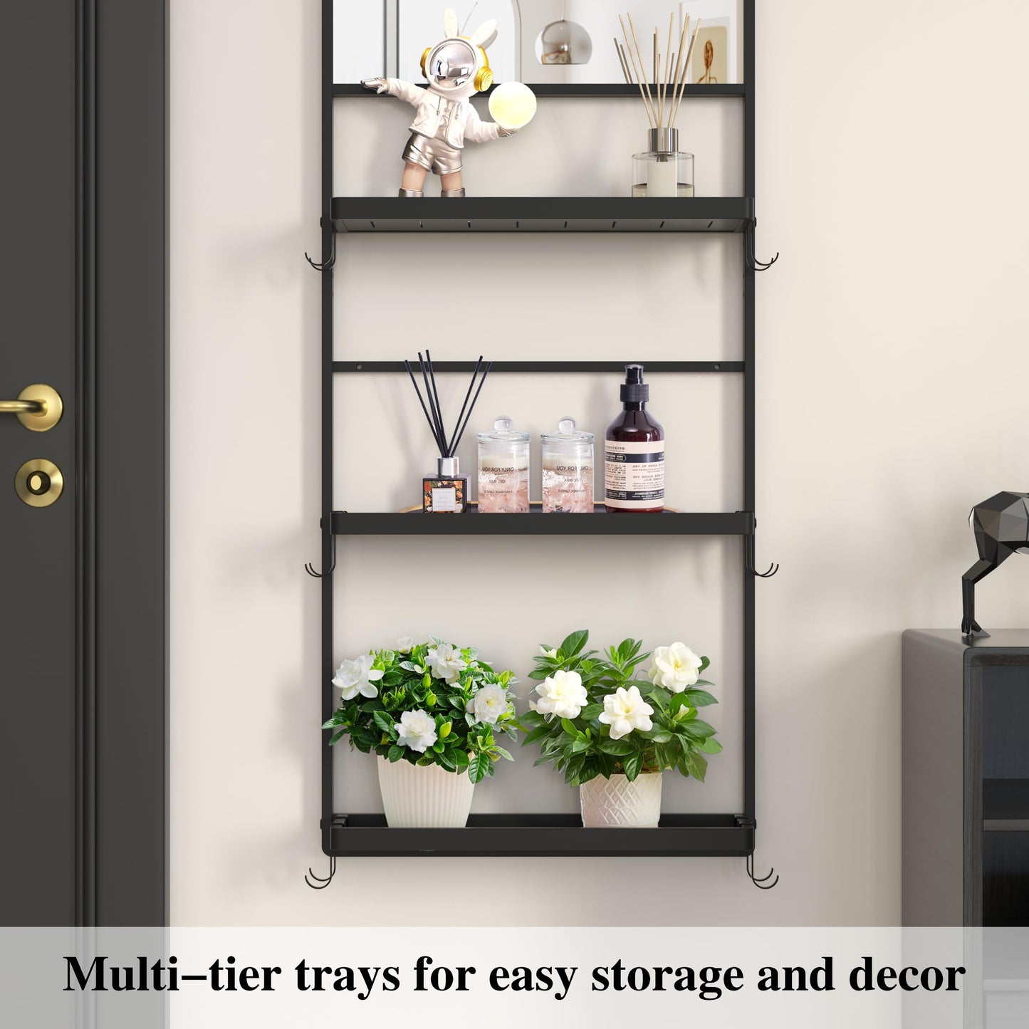 WONSTART 45" X 16" Black Wall Mirror with Shelf and Hooks, Rectangle Mirror for Wall, 3 Trays and 12 Removable Hooks,for Living Room, Hallway, Bedroom (Black-Square)