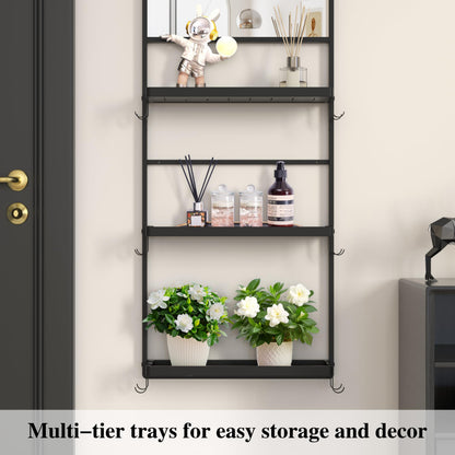 WONSTART 45" X 16" Black Wall Mirror with Shelf and Hooks, Rectangle Mirror for Wall, 3 Trays and 12 Removable Hooks,for Living Room, Hallway, Bedroom (Black-Square)