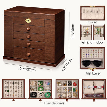Artisticbox Lockable Wooden Jewelry Box for Women - 8-Layer Dresser Top Jewelry Boxes and Organizer with Key,Large Storage for Necklaces,Solid Wood Jewelry Organizers with Necklace Hooks