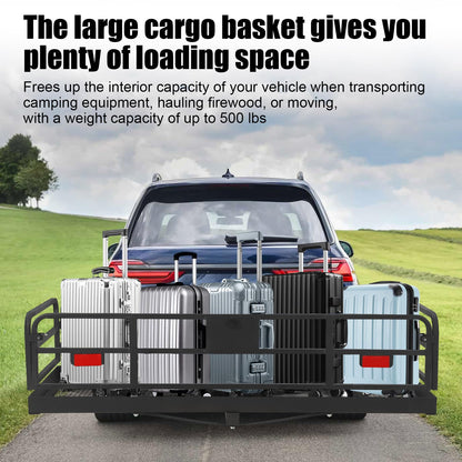 Trailer Hitch Cargo Rack, Folding Hitch Mount Cargo Carrier with High Side Rails, Cargo Carrier Fits 2" Receiver for RV Truck SUV Van, 500 lbs Weight Capacity, 60" L×24" W×14.9" H