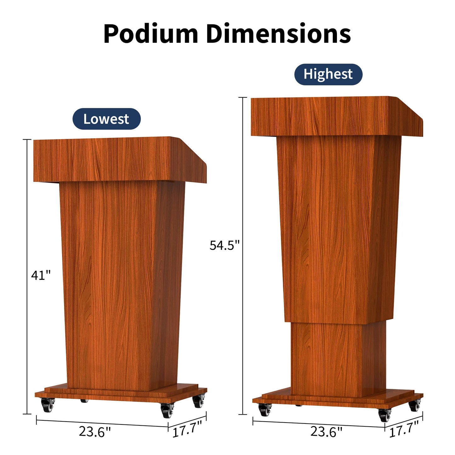 Tredre Wooden Podium Stand with Wheels, 41”–54.5” Height Adjustable Lectern, Mobile Podium with Crank Lift, Stable Base & Storage Shelf, Elegant Design for Churches, Classrooms and Conferences