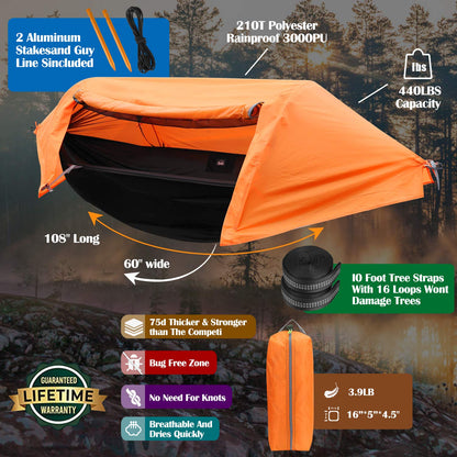 Patent Camping Hammock with Mosquito Net and Rainfly Cover, orange/grey