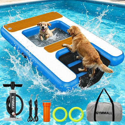 GYMMALL Large Dog Dock Ramp with Water Hammock 5.6 * 4ft, Inflatable Dog Water Ramp Platform 6 inch Thickened for Boat Pool Lake Sea, PVC Floating Boat Ramp for Dogs up to 330lbs, Dog Boat Ramp Blue