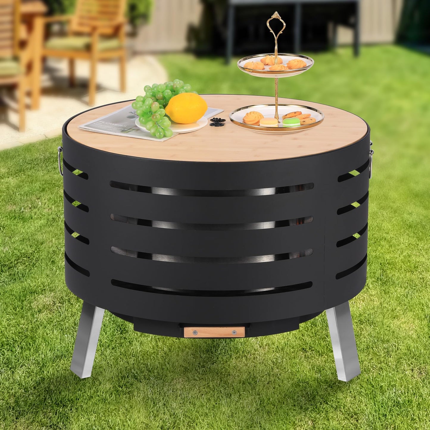 30 Inch Smokeless Outdoor Fire Pit, Outdoor Firepit Table with Removable Ash Pan,Bamboo Lid, Rainproof Cover,Portable Metal Firepit for Patio, Backyard, Camping