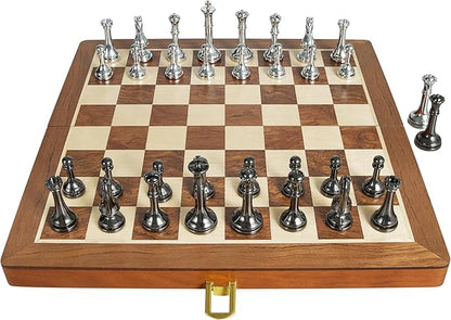 Metal Chess Set for Adults and Kids - 12 Inch Wooden Folding Chess Board and Metal Pieces Travel Portable Chess Set - Extra Queens &amp 2.5 King Ideal Gift for Chess Enthusiasts &amp Beginner