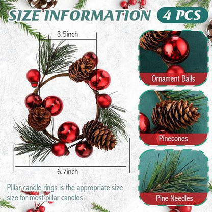 FoldTier Christmas Candle Rings - 4 Pcs Artificial Red Berries & Pine Needles Garland | Rustic Table Centerpieces