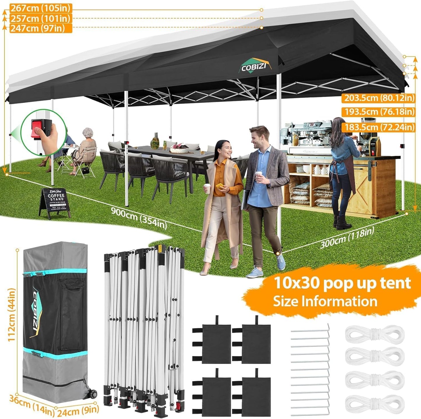 COBIZI 10x30 Party Tent with Wheeled Bag 10x30 Pop up Canopy with One-Push Setup, Outdoor Canopy with 3 Sidewalls Gazebo Event Shelter for Wedding Commercial with Sandbags,Waterproof & UPF50+, Black