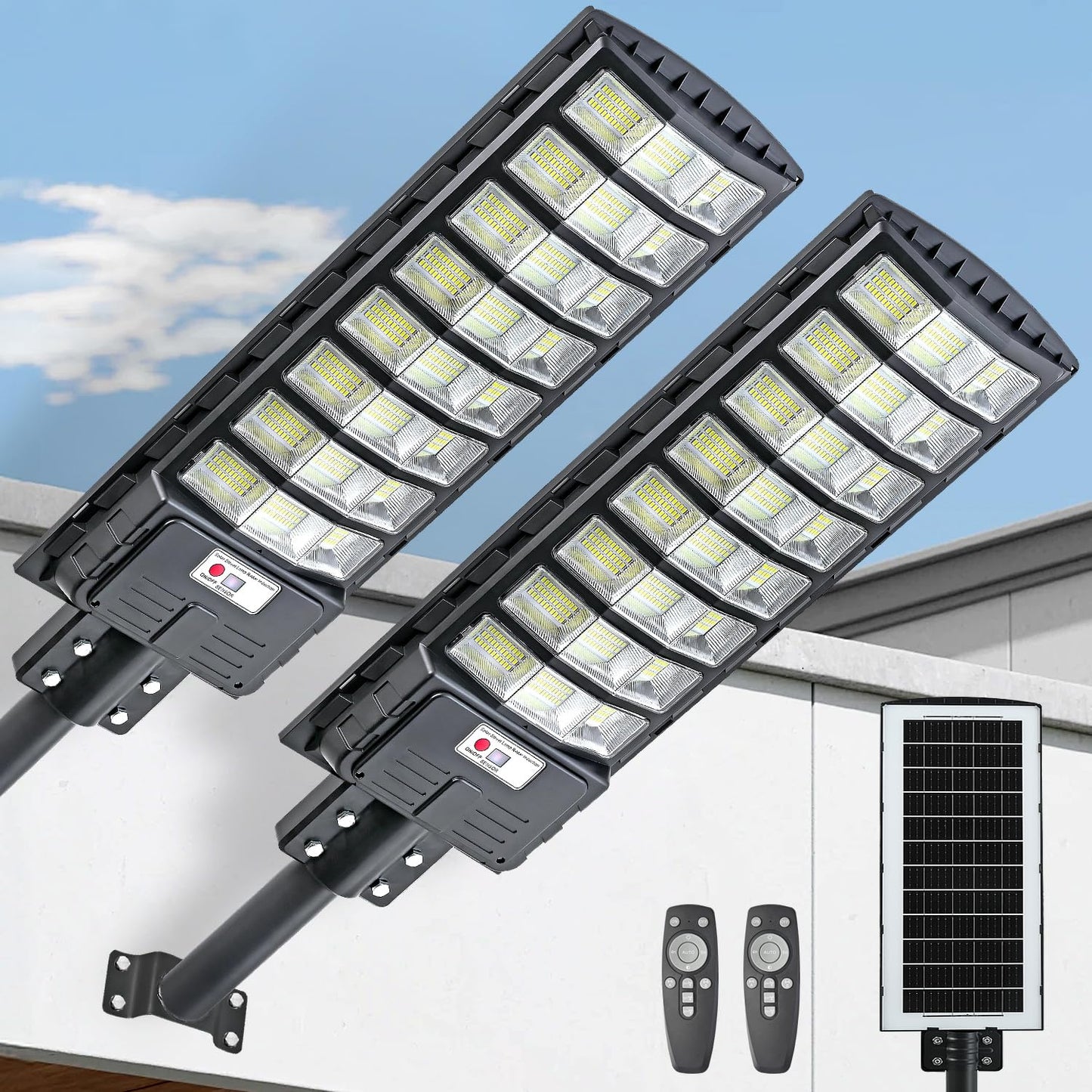 Solar Lights Outdoor Waterproof with Motion Sensor & Remote, IP66 Commercial Solar Street Light, Dusk to Dawn LED Security Flood Light for Parking Lot, Yard, Driveway - Timer Adjustable Brightness 2P