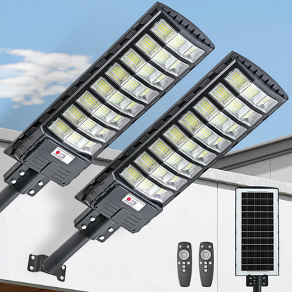 Solar Lights Outdoor Waterproof with Motion Sensor & Remote, IP66 Commercial Solar Street Light, Dusk to Dawn LED Security Flood Light for Parking Lot, Yard, Driveway - Timer Adjustable Brightness 2P