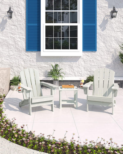 Garvee Folding Adirondack Chair Set of 4 with 2 Side Table, HDPE Outdoor Patio Chair with Cup Holder, All Weather Resistent Wooden Textured for patios, Decks, Gardens, fire Pit, White