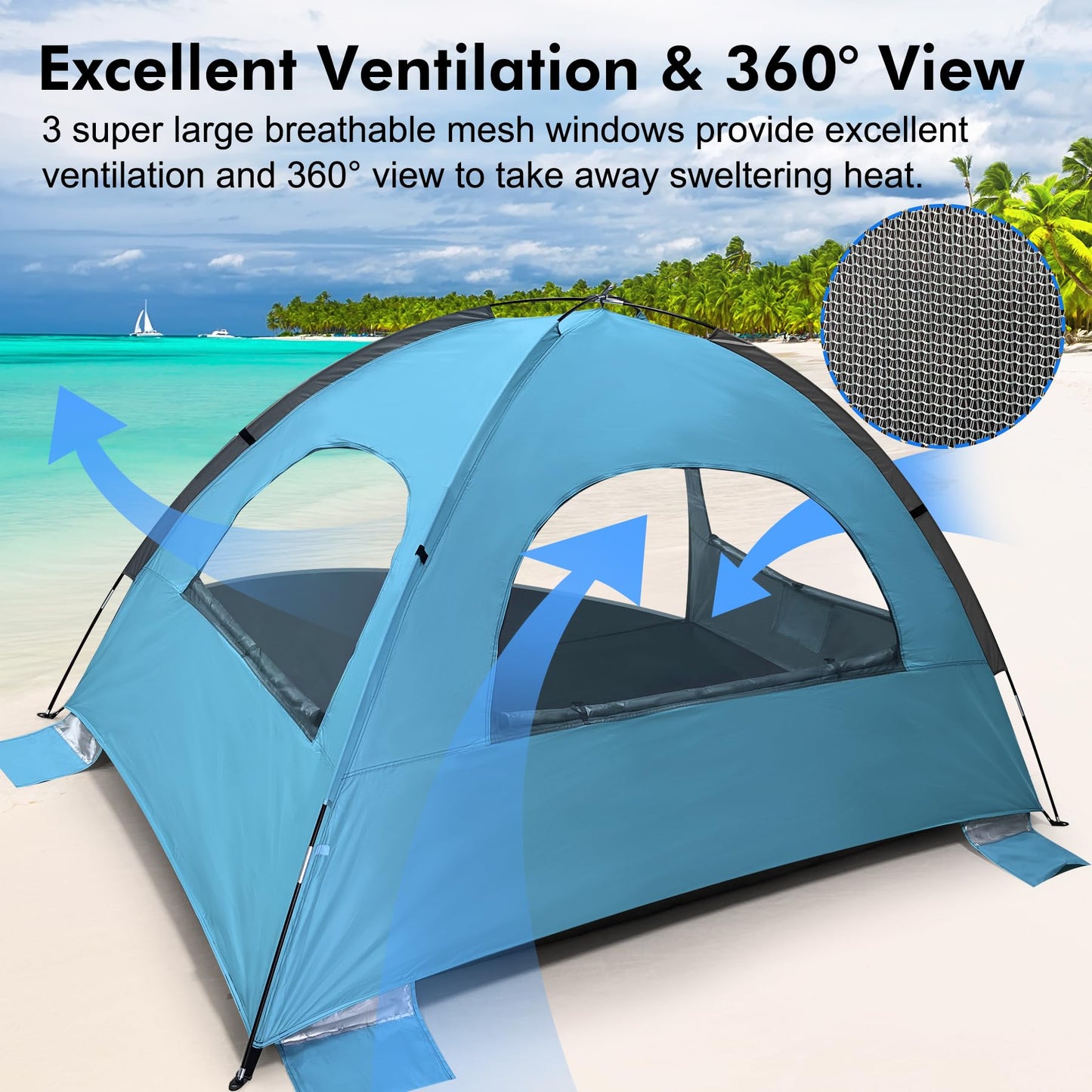WhiteFang Beach Tent Anti-UV Portable Sun Shade Shelter for 6 Person, Extendable Floor with 3 Ventilating Mesh Windows Plus Carrying Bag, Stakes and Guy Lines (Blue)