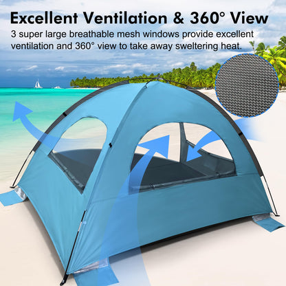 WhiteFang Beach Tent Anti-UV Portable Sun Shade Shelter for 6 Person, Extendable Floor with 3 Ventilating Mesh Windows Plus Carrying Bag, Stakes and Guy Lines (Blue)