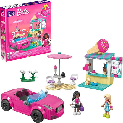 MEGA Barbie Kids Building Toy Set Convertible &amp Ice Cream Stand with 226 Pieces 2 Micro-Dolls and Accessories Pink Ages 6+ Years
