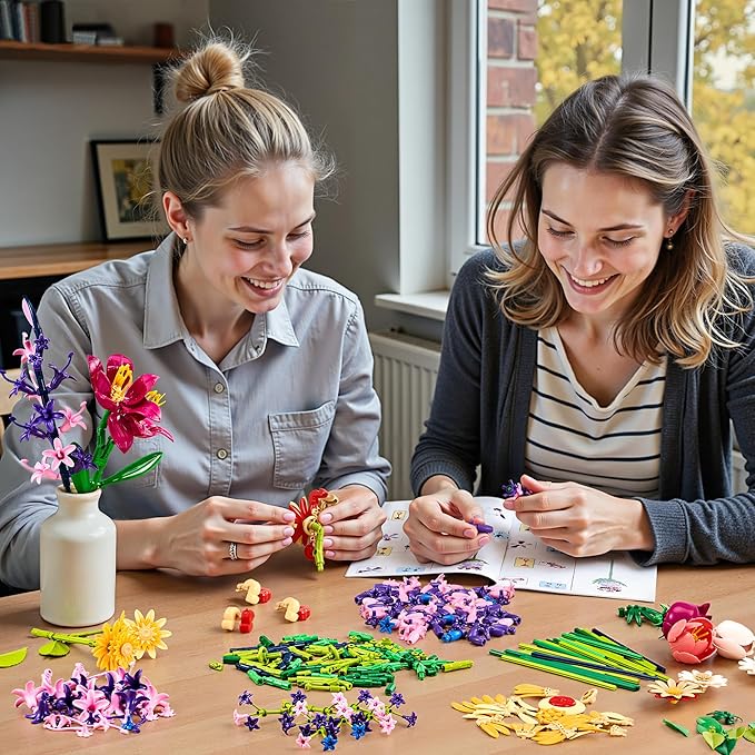 Flowers Bouquet Building Set Gift for Valentine's Day for Her Faker Flower Compatible with Lego Flowers Botanical Collection for Adults Women Girl Wife Home Office Shelf or Room Decor