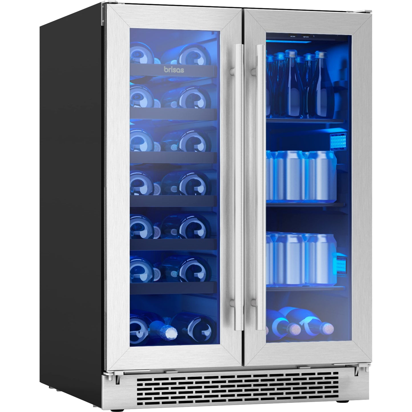 Zephyr Brisas 24 Inch Wine Fridge Dual Zone Under Counter Countertop Wine and Beverage Cooler Cabinet Home Bar Drink Beer Freestanding Refrigerator with French Door 21 Bottles 64 cans
