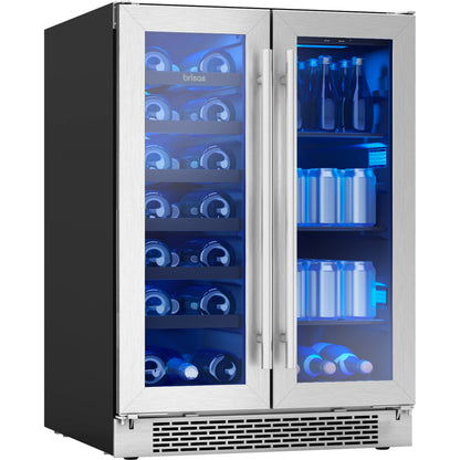 Zephyr Brisas 24 Inch Wine Fridge Dual Zone Under Counter Countertop Wine and Beverage Cooler Cabinet Home Bar Drink Beer Freestanding Refrigerator with French Door 21 Bottles 64 cans