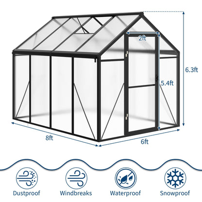 GarveeLife 6x8 FT Greenhouse for Outdoors, Polycarbonate Greenhouse with Roof Vent, Ground Nails, Lockable Push Door, Aluminum Large Walk-in Green House for Outside Garden Backyard, Patio, Lawn, Black