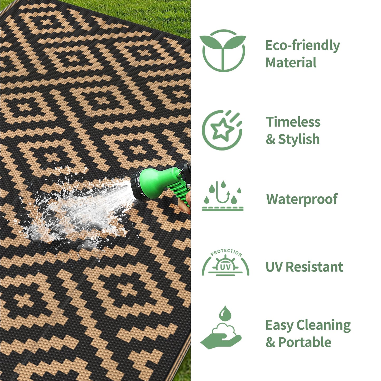 GENIMO Outdoor Rug for Patio Clearance, 8'x16' Waterproof Camping Mat, Reversible Plastic Straw Rugs for RV, Camper, Balcony, Backyard, Picnic, Deck, Black & Brown