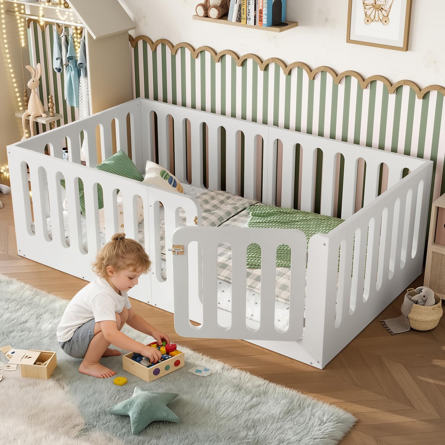 GDFStudio Twin Size Montessori Floor Bed with Door, Solid Wood Kids Floor Bed Frame, Low Profile No Box Spring Needed, House Style Design, Sturdy Slat Support, Light White Finish