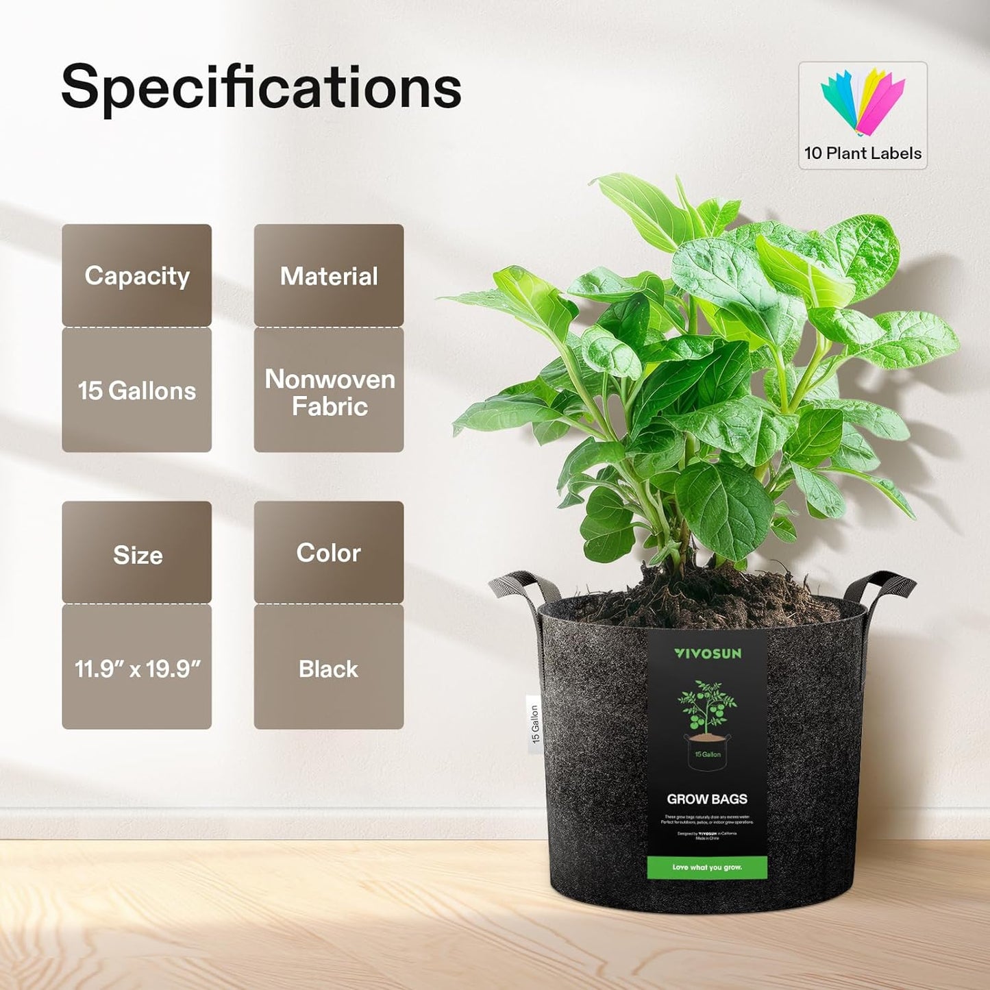 VIVOSUN 15 Gallon Plant Grow Bags - Heavy Duty Nonwoven Fabric Pots with Handles | 5-Pack