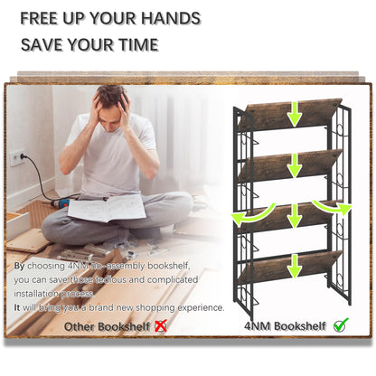 4NM No Assembly 4 Tiers Folding Bookshelf, 47.2" H Foldable Storage Shelves Vintage Bookcase Standing Racks Study Organizer Home Office - Rustic Brown Black