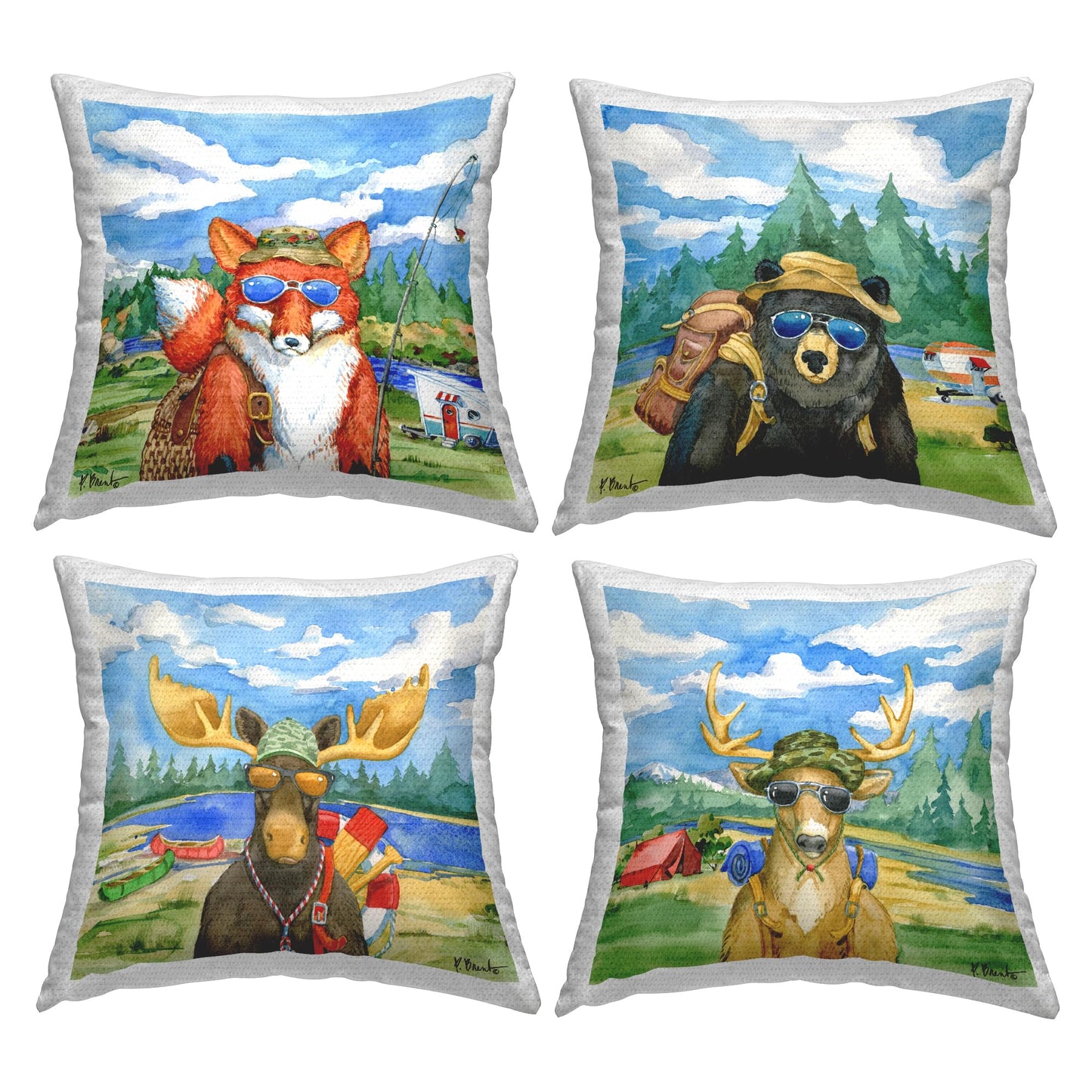 Stupell Industries Woodland Animals Camping Fishing Gear Nature Scene Outdoor Printed Pillow, 18 x 18, Multi-Color