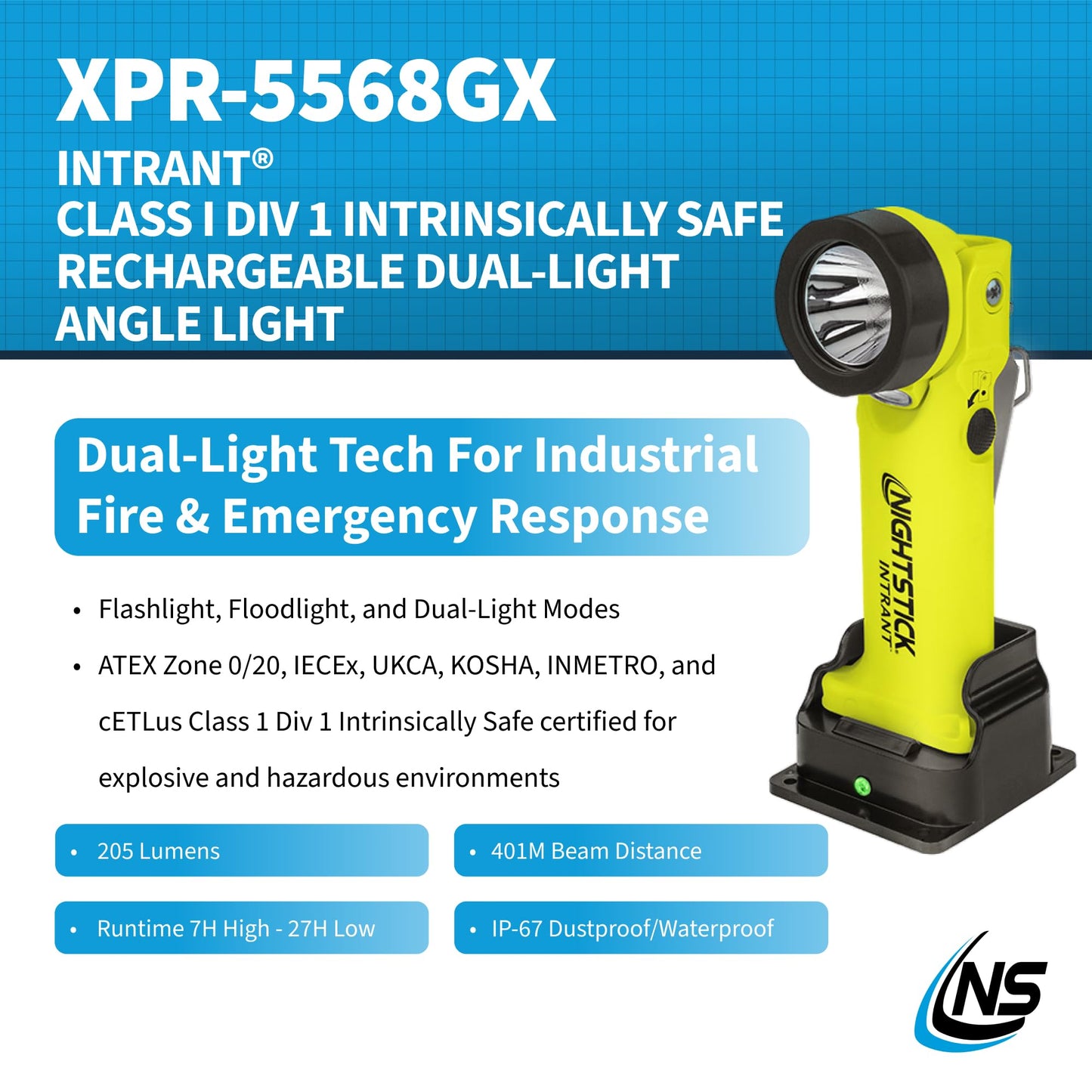 Nightstick XPR-5568GX Intrant Rechargeable Intrinsically Safe Permissible Dual-Light Angle Light (Green)