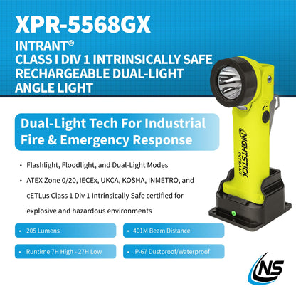 Nightstick XPR-5568GX Intrant Rechargeable Intrinsically Safe Permissible Dual-Light Angle Light (Green)