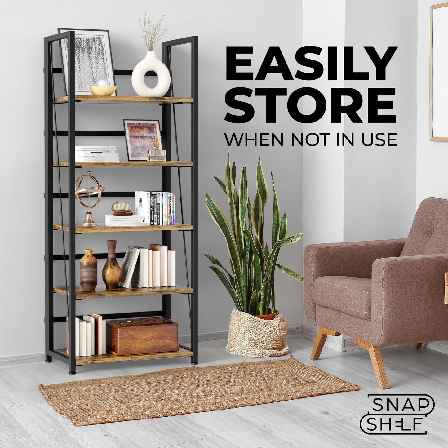 5 Tier Wood Book Shelf Organizer, No Assembly Bookshelf for Bedroom Living Room Office, Rustic Foldable Book Case, Tall Bookshelves, Open Book Shelves, Decorative Folding Shelf Display, Tall Bookcase