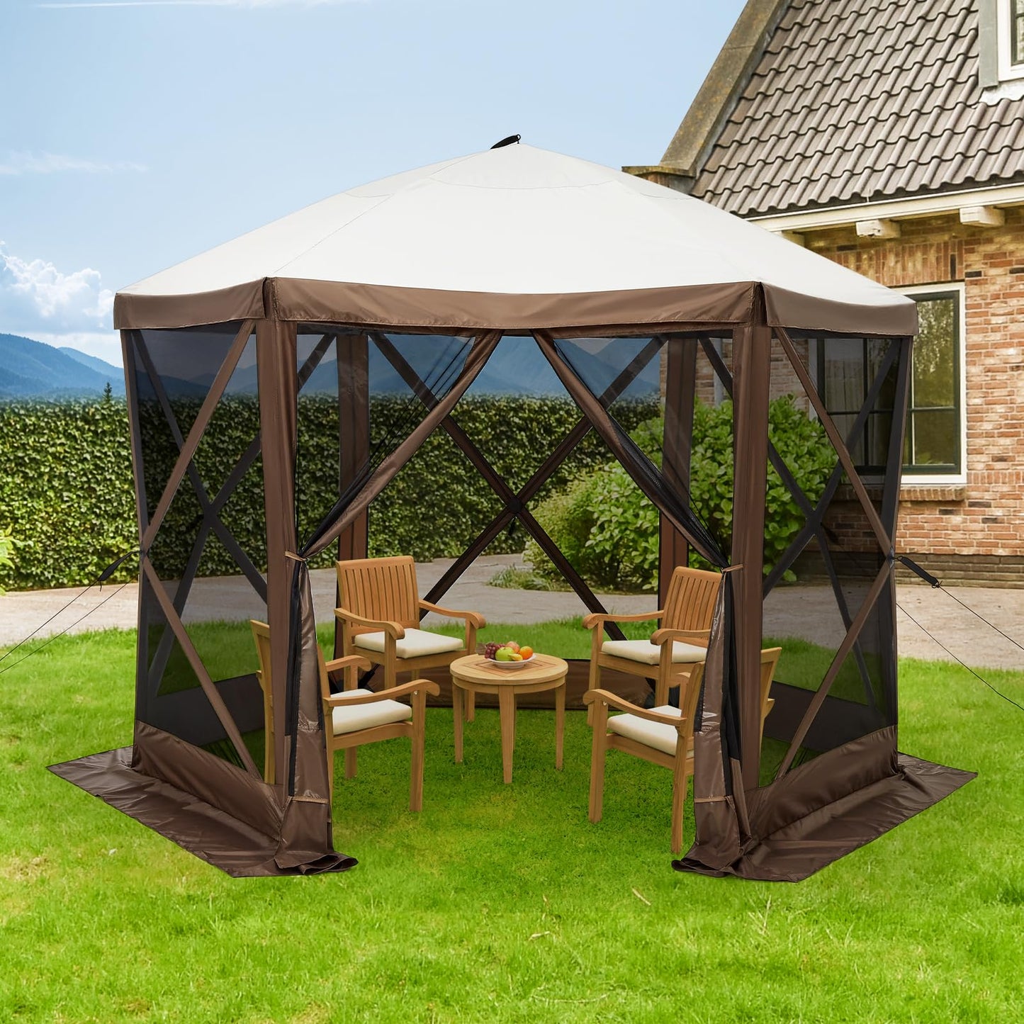 Hipicute 10x10ft Pop Up Gazebo Screen Tent with Mosquito Netting, 6 Sided Pop-Up Canopy Shelter Tent with Carrying Bag and Ground Stakes for Outdoor Camping, Lawn and Backyard