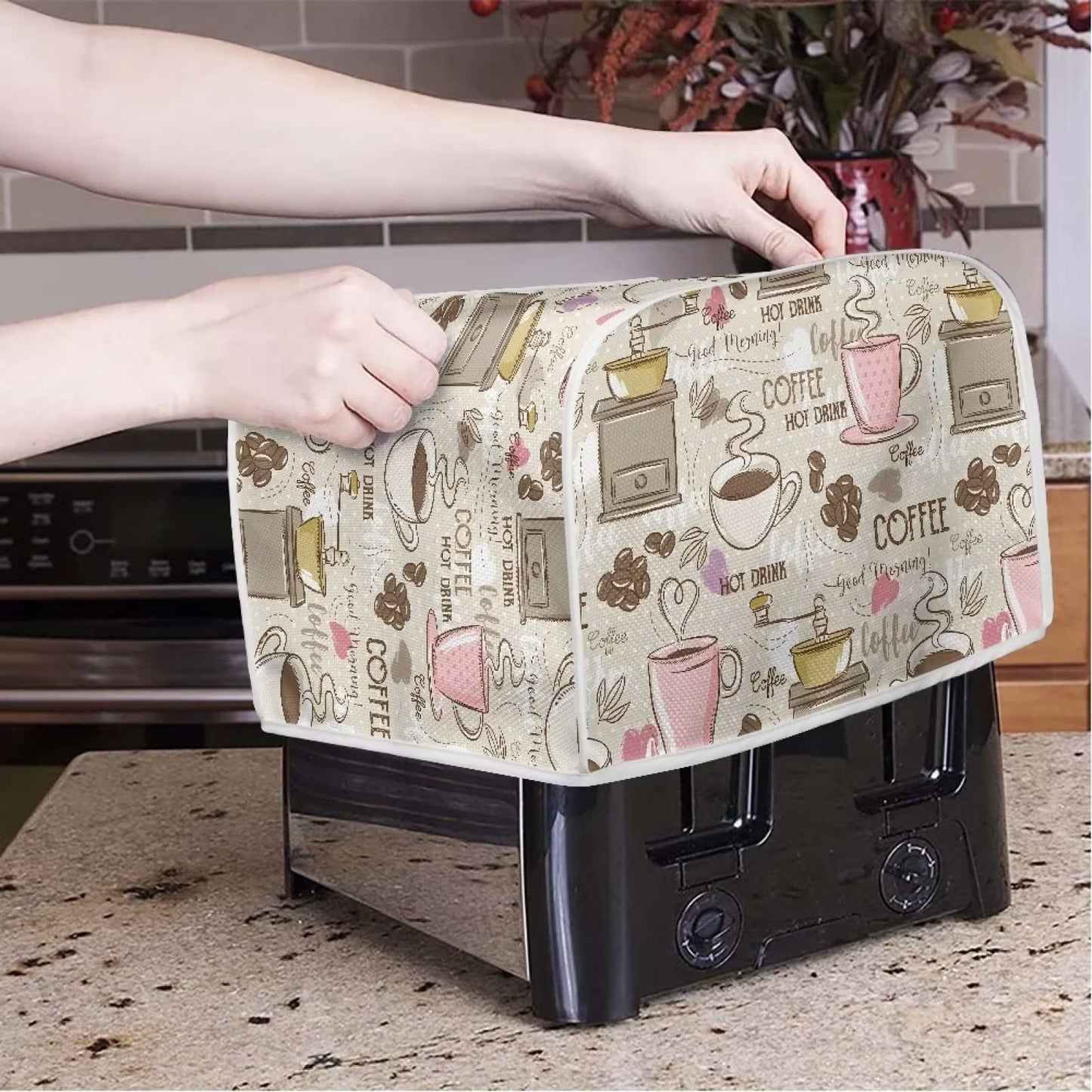 Talayituse Coffee Theme 2 Slice Toaster Covers Dust Protection Bread Maker Covers Toaster Oven Cloth Cover Kitchen Accessories Washable Appliance Cover