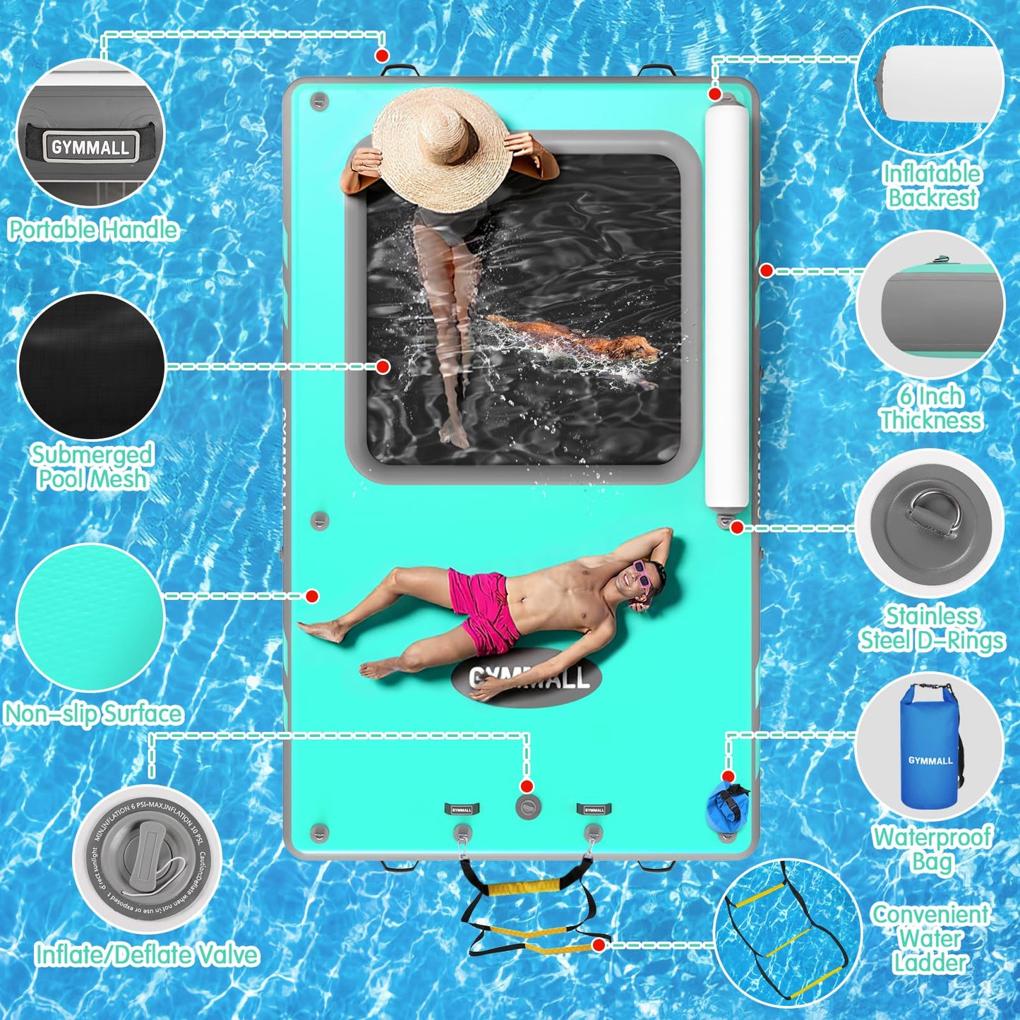 Inflatable Floating Dock, 8x6FT Inflatable Dock Floating Platform with Mesh, Non-Slip EVA Platform and Rope Ladder, Inflatable Water Floating Dock Island Raft for Boats, Pool, Lake, Beach, Ocean-Gray