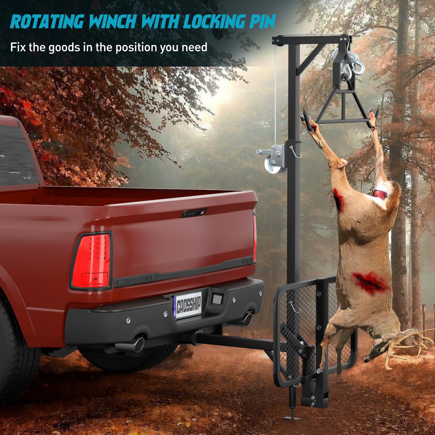 CROSSHIP Truck Hitch Game Hunting Hoist with Lifting System - for 2'' Receiver, 360° Swivel Hitch Crane & Lift - Truck Bed Kit with Winch/Gambrel - 400lbc Hoist & 250lbc Lift