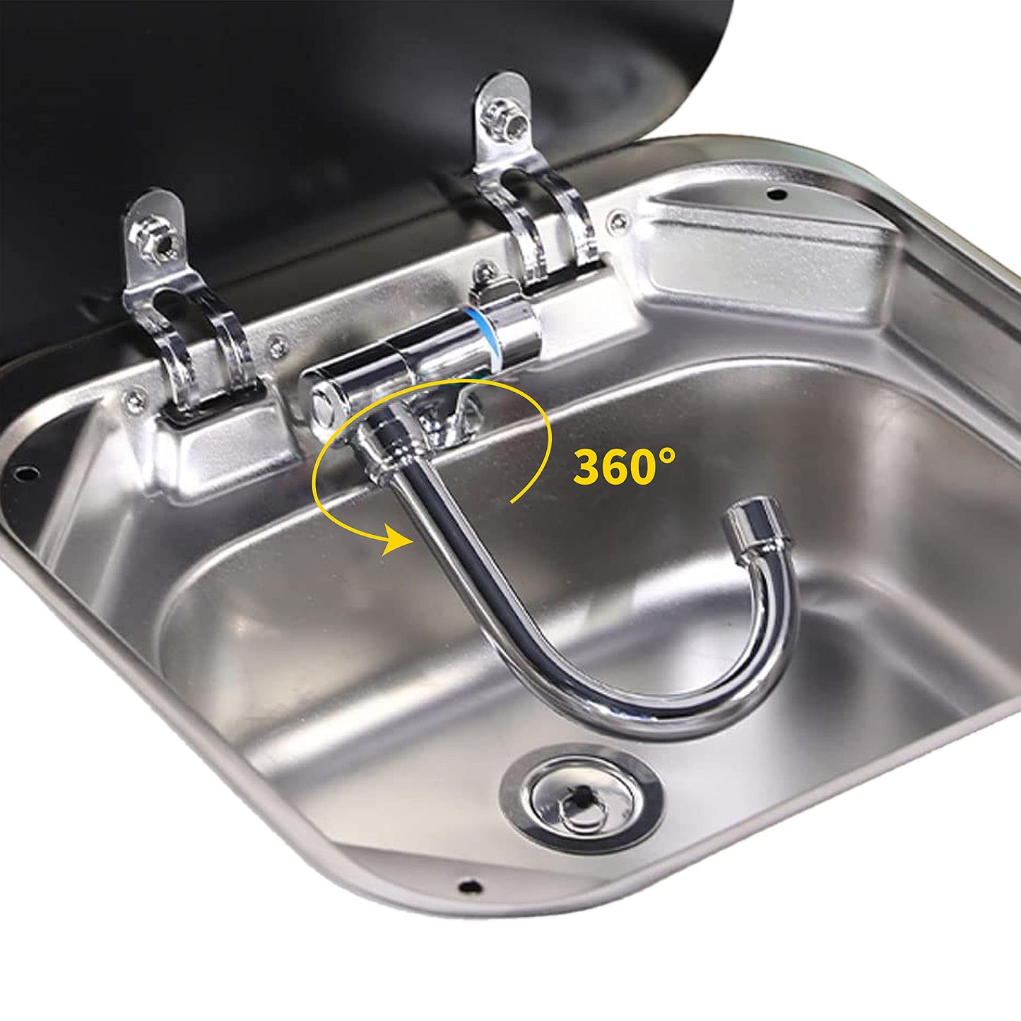 E EZEXPREZE RV Sink Stainless Steel Kitchen Hand Wash Basin Sink with Folded Faucet Tempered Glass Lid Washbasin for Camper Trailer Caravan (Sink with Faucet U)