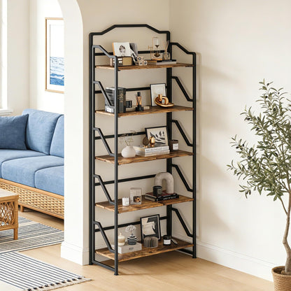 JSB 5 Tier No Assembly Folding Bookshelf, Foldable Storage Bookcase for Home Office, Space-Saving Storage Shelf for Living Room, Bedroom (Rustic Brown, 5-Tier)