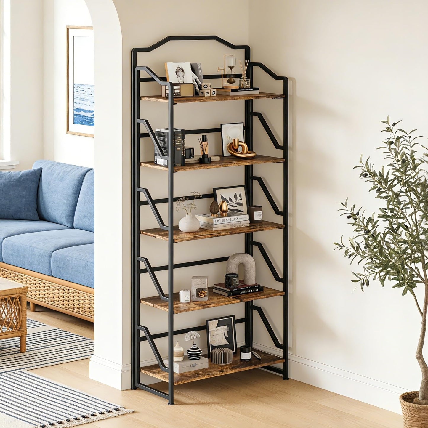 JSB 5 Tier No Assembly Folding Bookshelf, Foldable Storage Bookcase for Home Office, Space-Saving Storage Shelf for Living Room, Bedroom (Rustic Brown, 5-Tier)