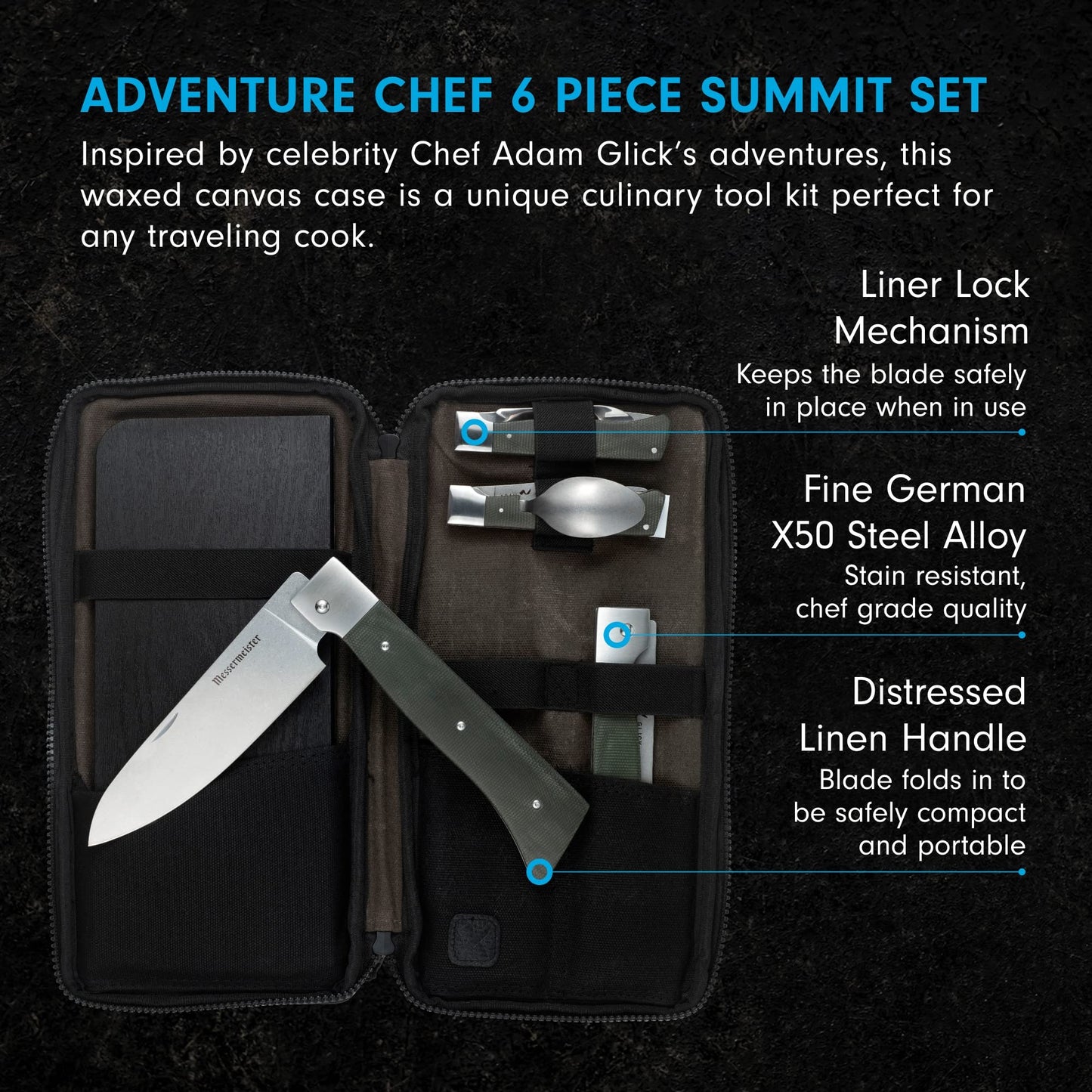 Messermeister Adventure Chef Summit Set, Distressed Linen - Folding 6” Chef’s Knife, 6” Fillet Knife, Steak Knife, Fork & Spoon, Peeler & Parer, TPE Cutting Board + Waxed Canvas Case