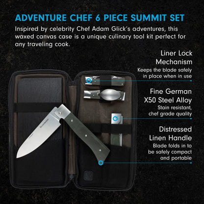 Messermeister Adventure Chef Summit Set, Distressed Linen - Folding 6” Chef’s Knife, 6” Fillet Knife, Steak Knife, Fork & Spoon, Peeler & Parer, TPE Cutting Board + Waxed Canvas Case