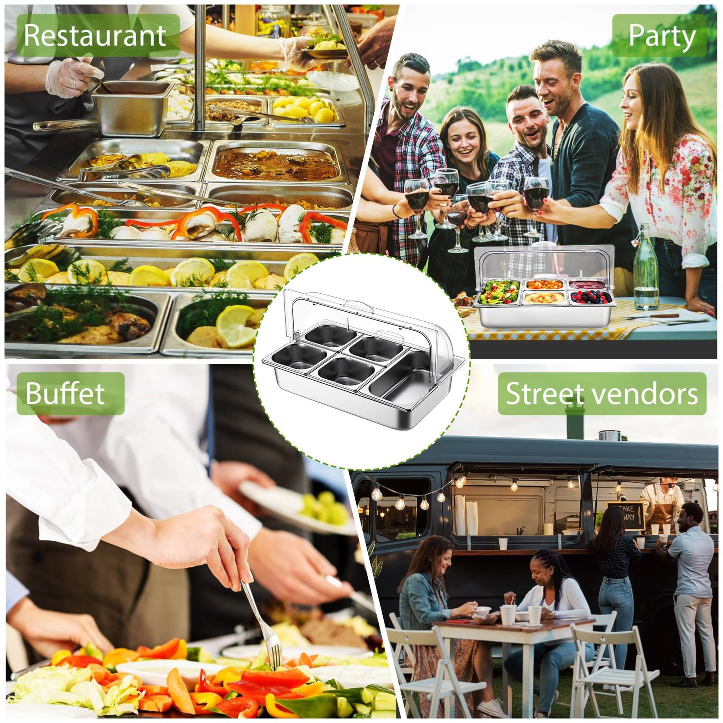 Ziliny Countertop Food Serving Display Container and Clear Roll Top Cover Stainless Steel Food Serving Tray Buffet Condiment Dispenser Display Rack for Restaurant Hotel Kitchen Party (21 x 13 x 11)