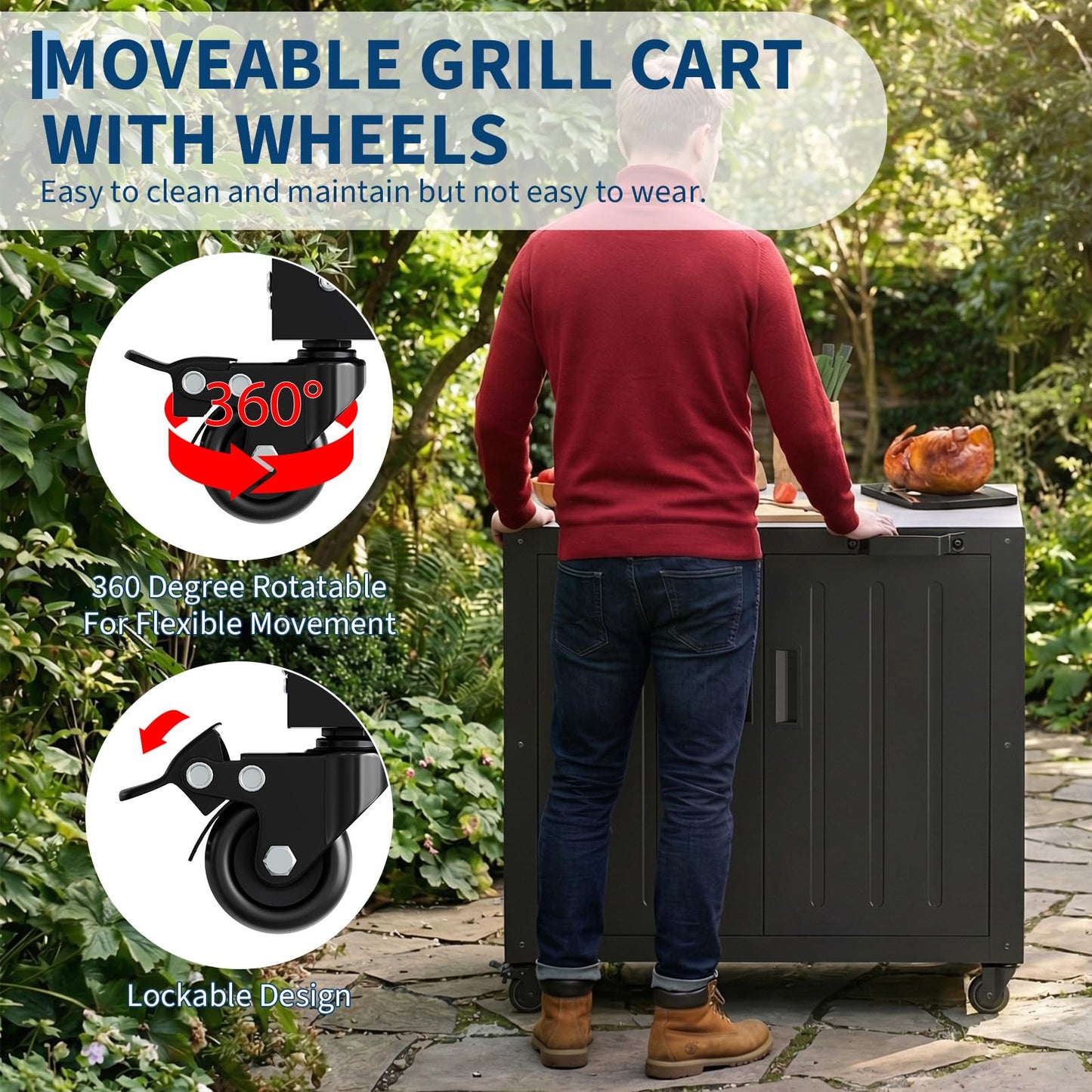 GarveeLife Grill Table, Outdoor Grill Cart with Storage Cabinet, Movable Outdoor BBQ Grilling Table, Made Entirely of Stainless Steel, Outdoor Grilling Station for Kitchen Prep, Lawn & Garden