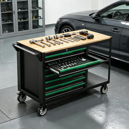 Griplier 7-Drawers Professional Tool Cart Cabinet,Rolling Tool Chest with Double Shelves,Wood Workbench,Brake Wheels,51.1W x 18.9D x 32.3H inches for Garage, Workshop, or Outdoor Use(7 Drawers)
