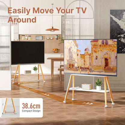 ECOTINY Rolling Easel TV Stand for 49–75 Inch TVs, Mobile TV Cart with Lockable Wheels, Cable Management, Metal Support Frame, Wooden Legs and Shelf, for Home, Office and Classroom, White