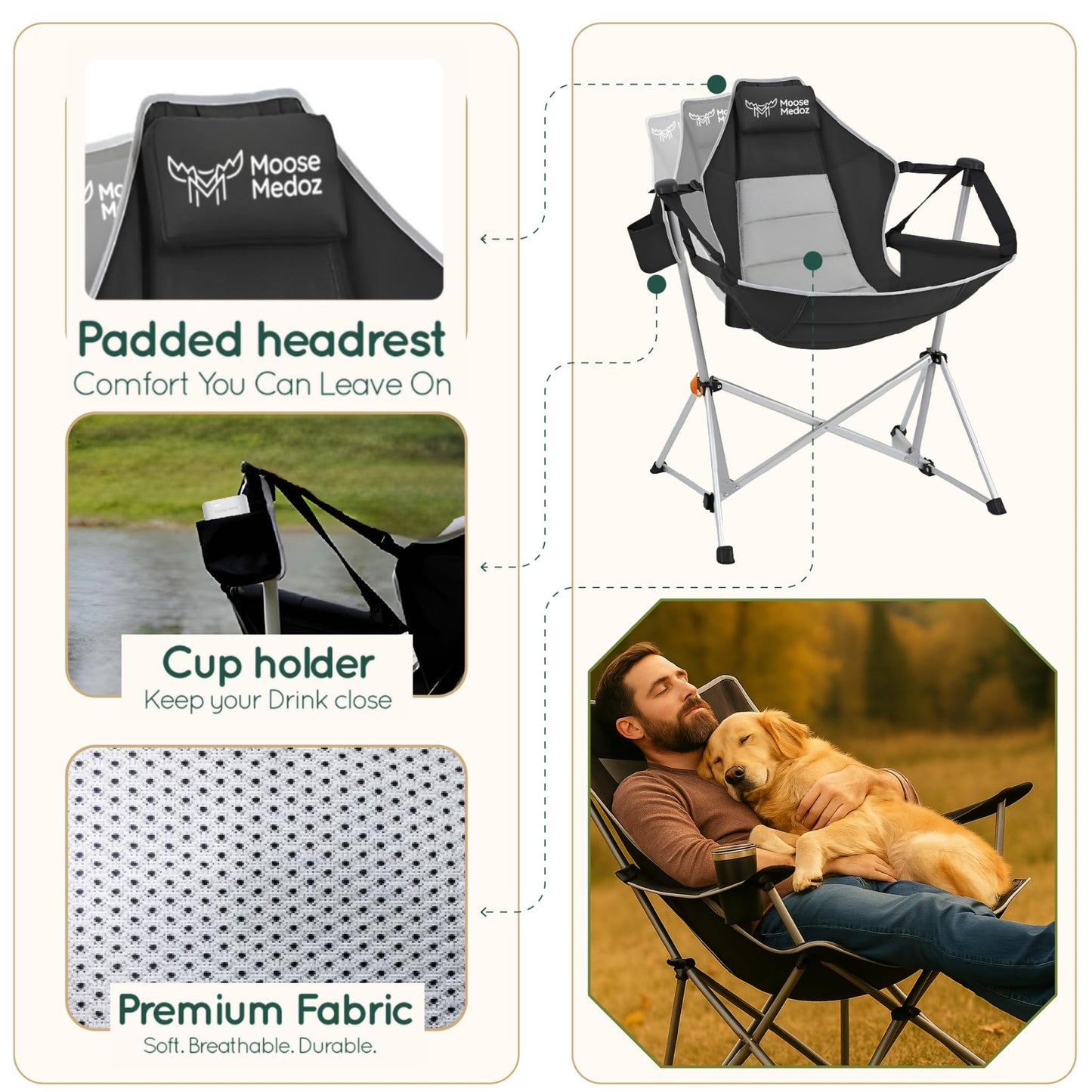 Moose Medoz Hammock Camping Chair – Folding Swing Chair with Headrest & Cup Holder, 300 lbs Support, Breathable Mesh, Portable & Lightweight for Outdoor, Camping, Fishing, Patio & Travel