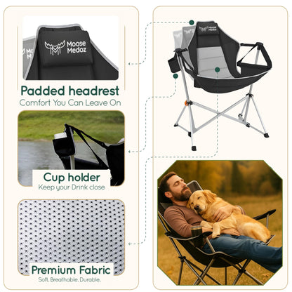 Moose Medoz Hammock Camping Chair – Folding Swing Chair with Headrest & Cup Holder, 300 lbs Support, Breathable Mesh, Portable & Lightweight for Outdoor, Camping, Fishing, Patio & Travel