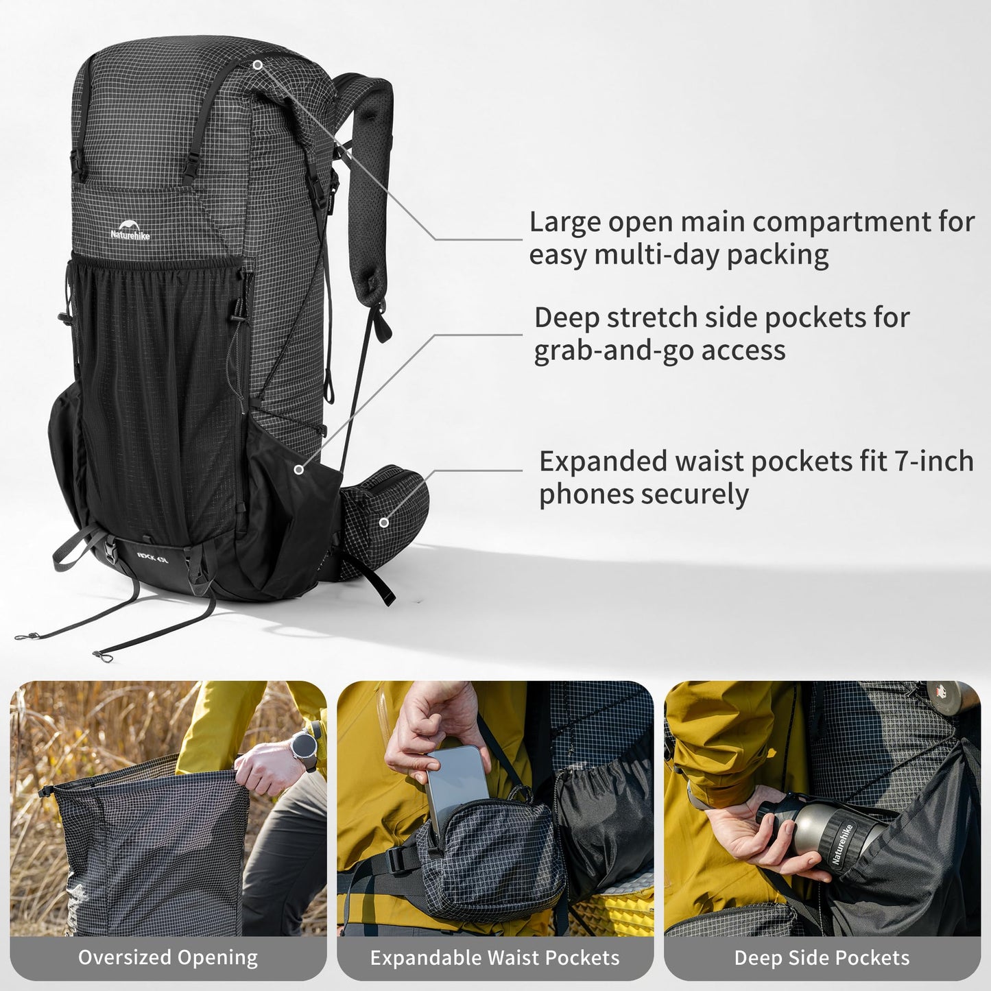 Naturehike 45L Rock 2.0 Upgraded Internal Frame Hiking Backpack for Outdoor Camping Travel Backpacking, Ultralight with Rain Cover Backpack for Adults(Black/L/45L)