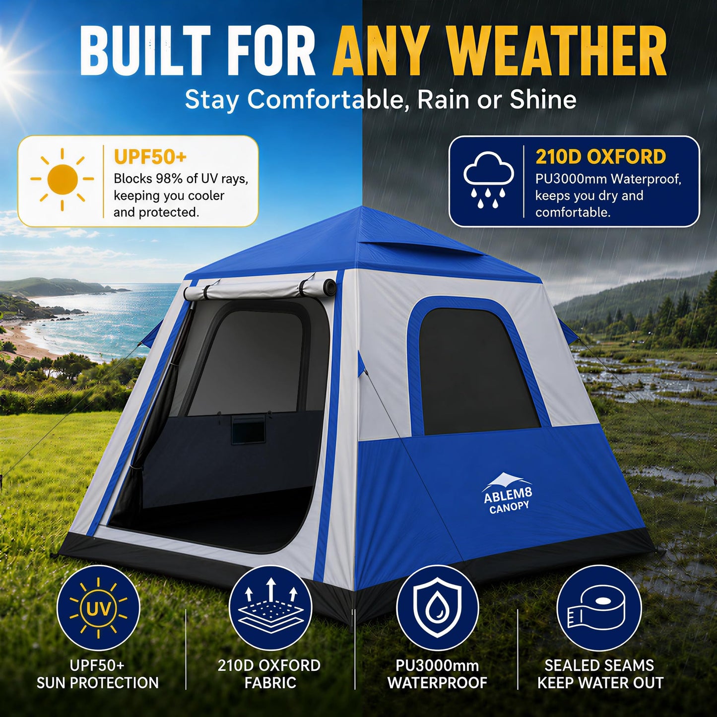 Inflatable Camping Tent with Pump, 2-4 Person Air Tent, Easy Setup Waterproof Blow Up Cabin with Awning for Outdoor Camping